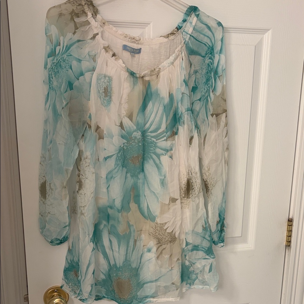 Floral Chiffon Blouse - Aqua and White